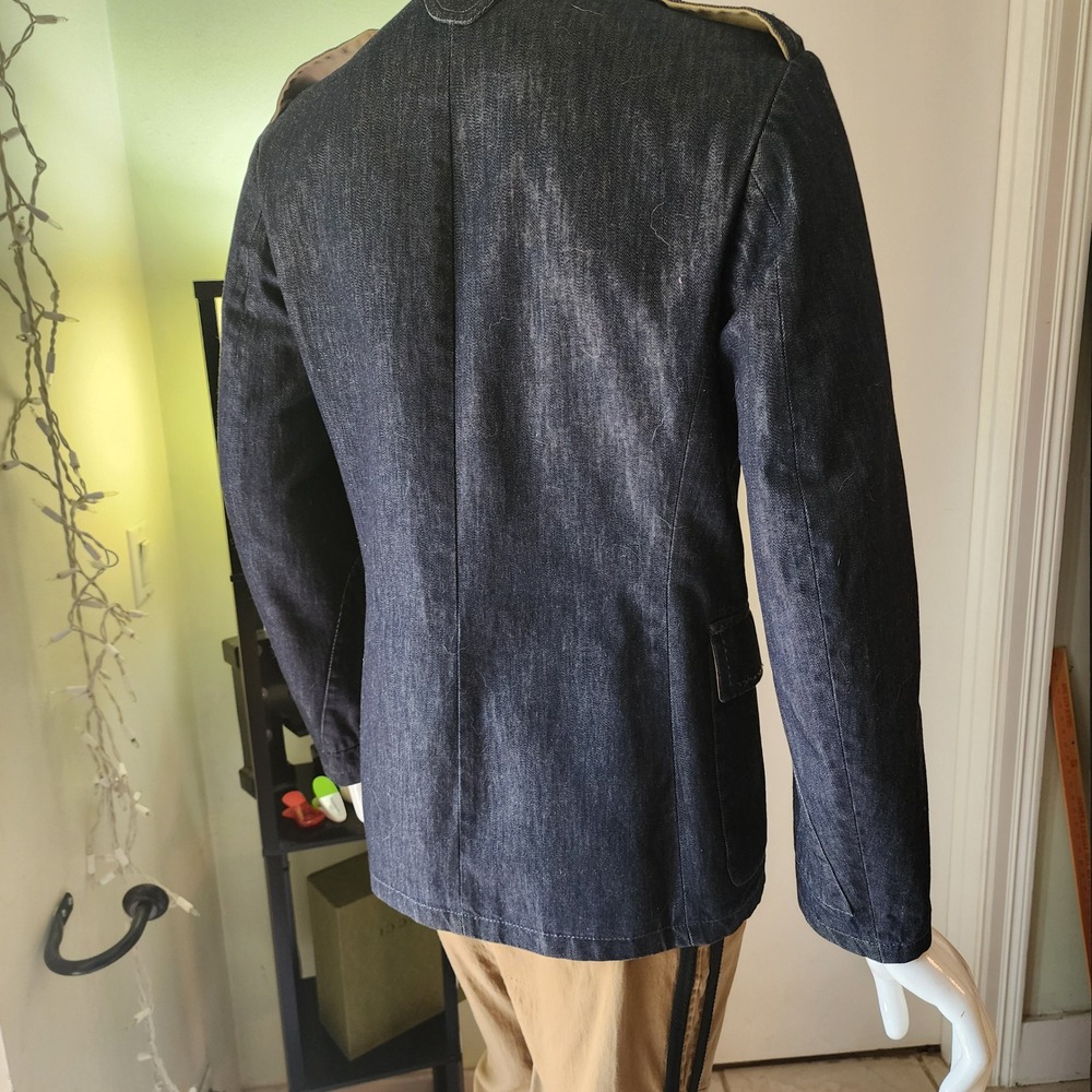 Mens Dark Wash Denim Military Field Jacket Stand Collar Epaulettes Navy Blue - Picture 11 of 14